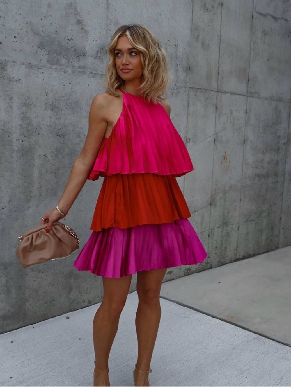 Tiered Halter Mini Dress in Fuchsia & Red -